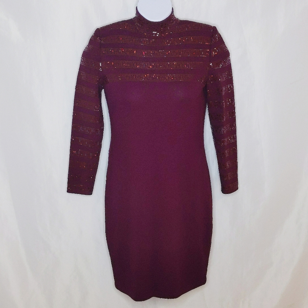 ST. JOHN Evening Marie Gray Maroon Iridescent Decal Dress 8